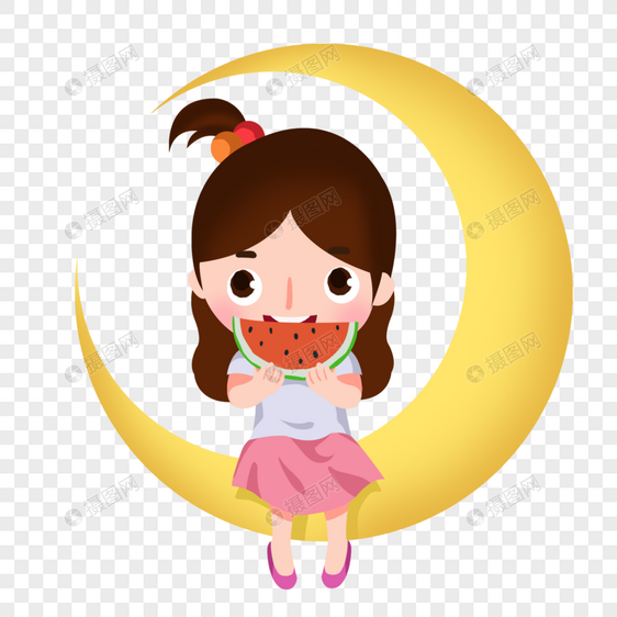 卡通坐月亮上吃西瓜的女孩图片