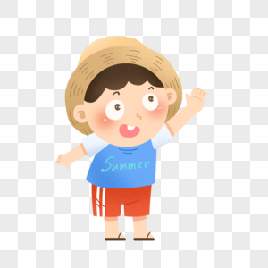 夏天戴着草帽遮阳的小男孩高清图片