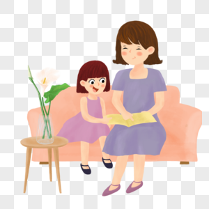 坐在沙发上看书的妈妈和女儿图片