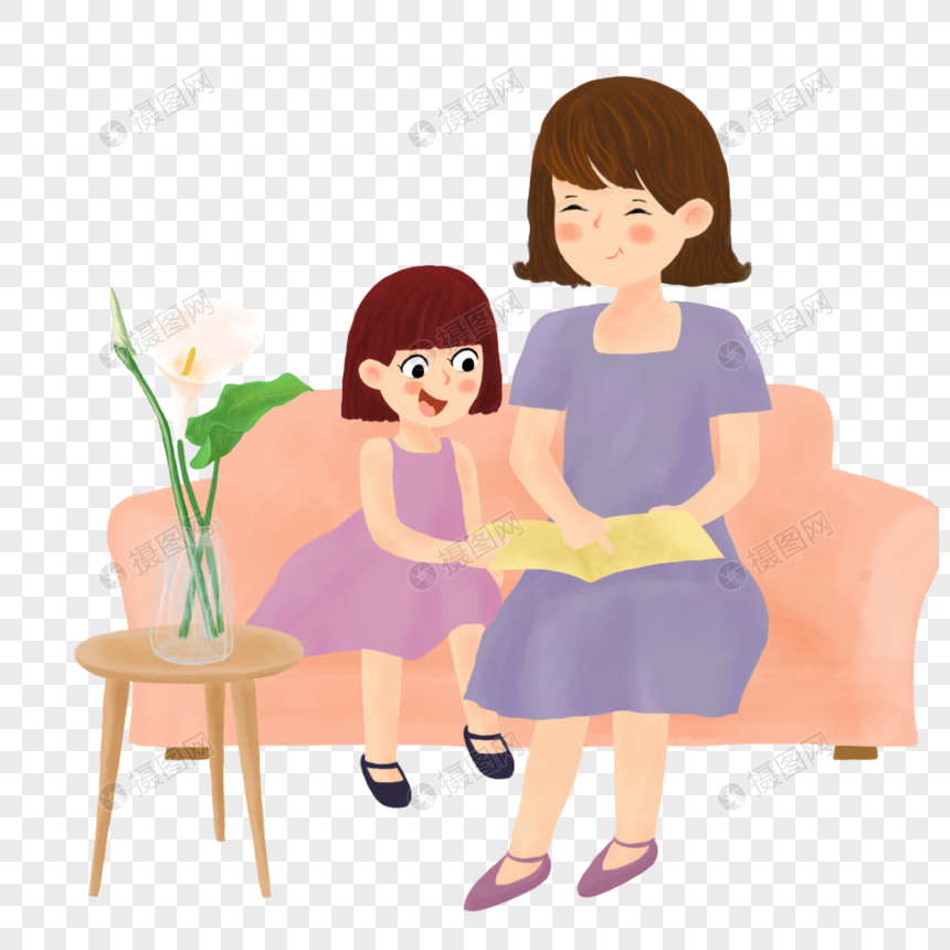 坐在沙发上看书的妈妈和女儿图片