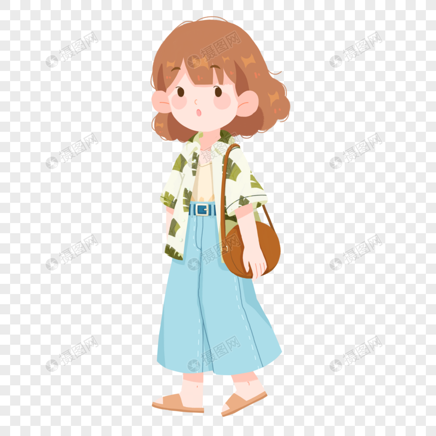 免抠元素 手绘/卡通元素 夏季风格女孩穿拖鞋走路.