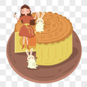 手绘小女孩坐在月饼上和兔子一起吃月饼图片