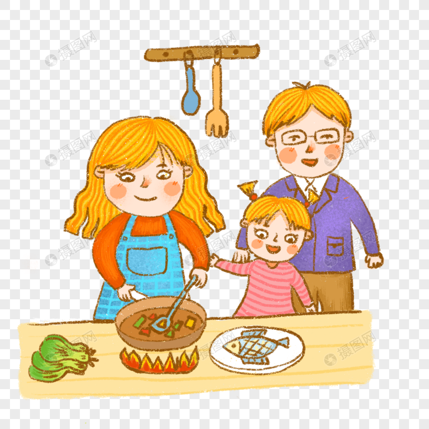 做饭下厨厨房一家三口烹饪吃饭手绘可爱插画