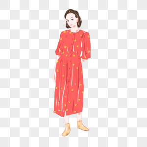 手绘时尚女生红色连衣裙元素图片