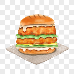 水彩手绘双层鸡肉汉堡图片