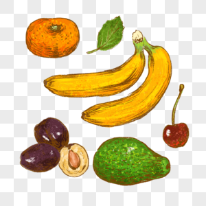 水果香蕉牛油果柑橘西梅车厘子手绘插画图片