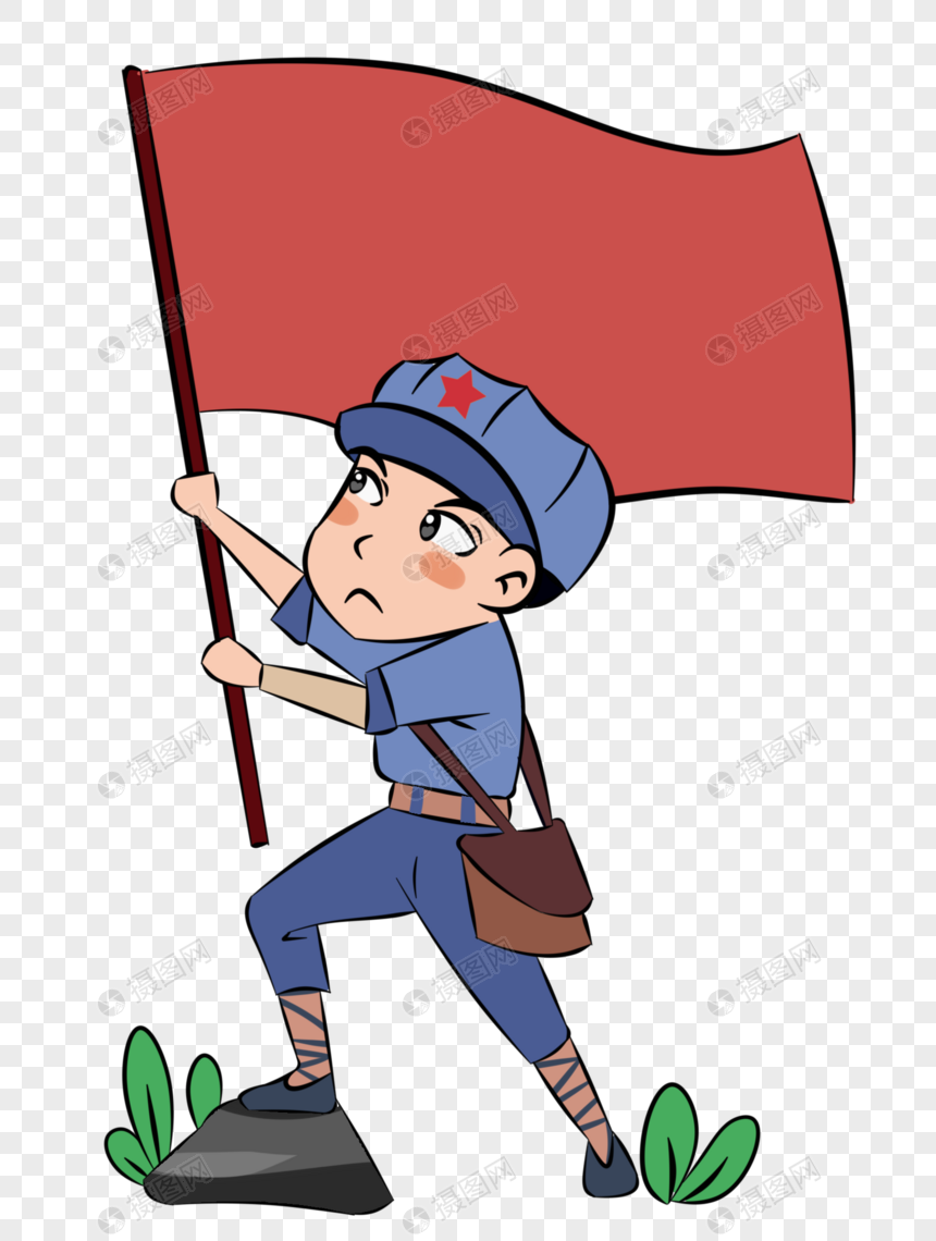 举着国旗的蓝色红星士兵卡通手绘元素图片