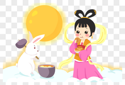手绘中秋节婵娥和玉兔做月饼图片