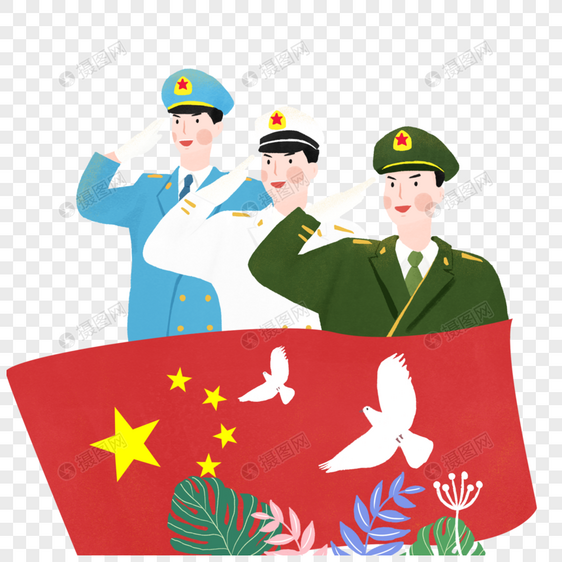 3名军人和国旗图片