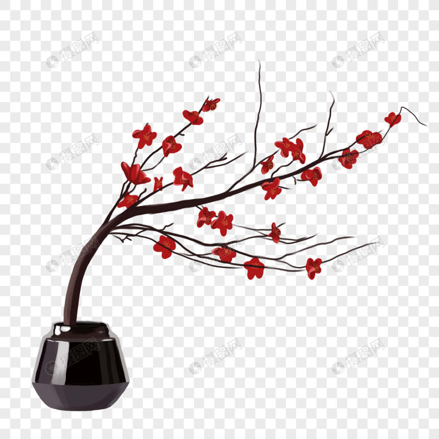 手绘红色梅花花瓶元素图片