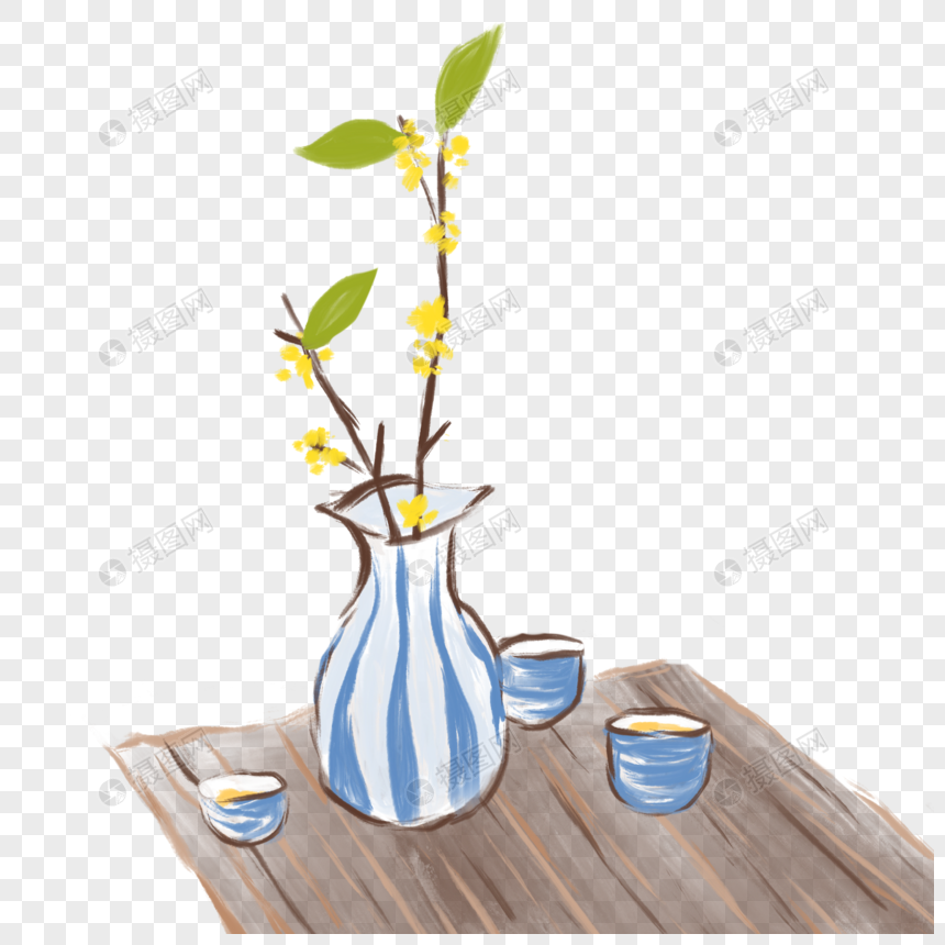插着桂花的花瓶与茶具图片