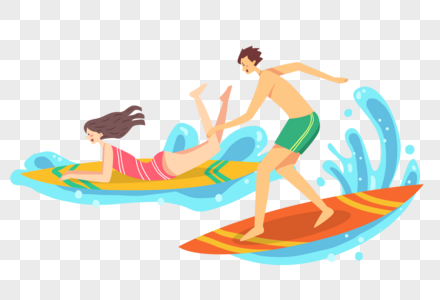 手绘冲浪的男人和女人高清图片