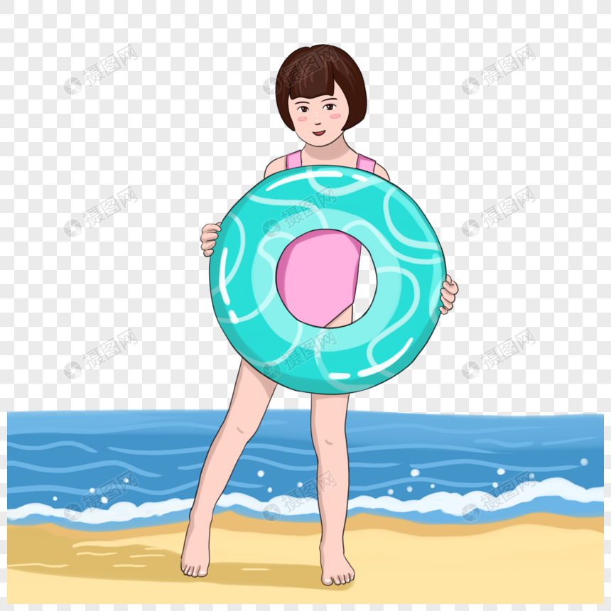 夏季海边游泳的小女孩