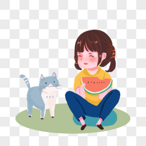 小女孩和猫在吃西瓜图片
