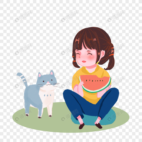 小女孩和猫在吃西瓜图片