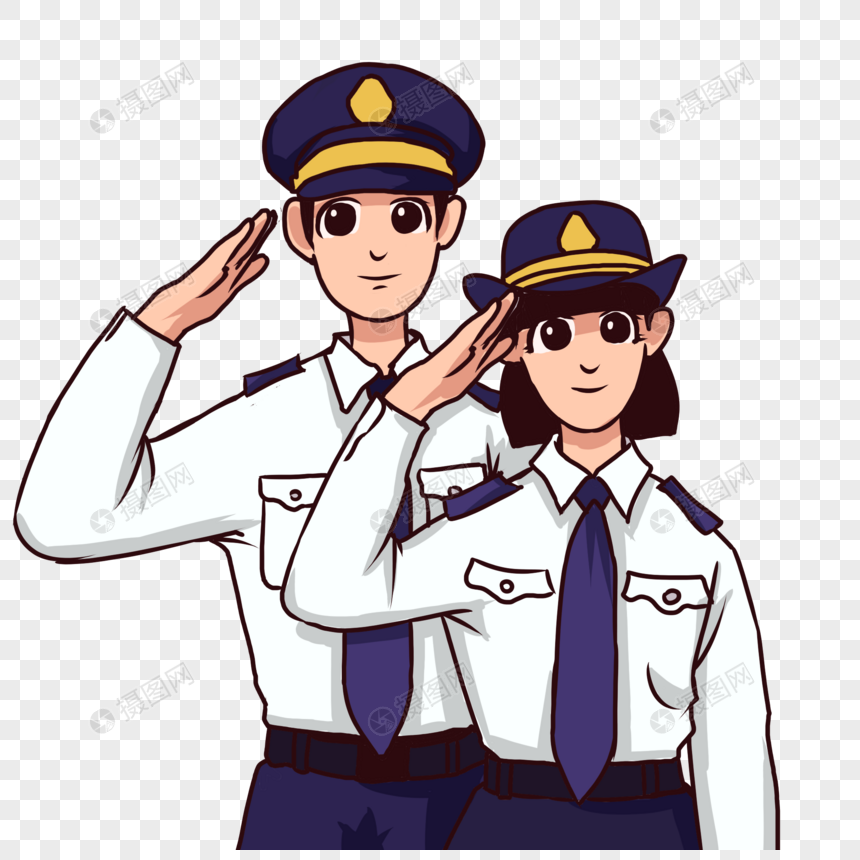 卡通敬礼男女警察形象