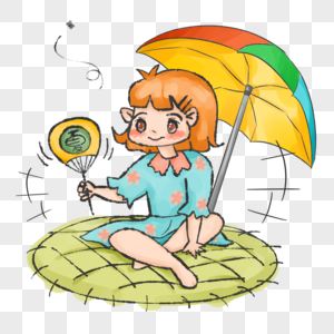 坐在遮阳伞下扇扇子的女孩图片