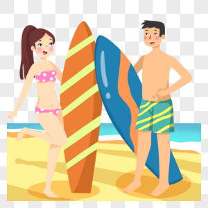 手绘海边拿着冲浪板的男人和女人图片