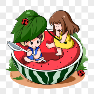 坐在西瓜上吃瓜的孩子图片