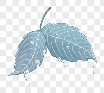 手绘蓝色树叶与水滴PNG图片