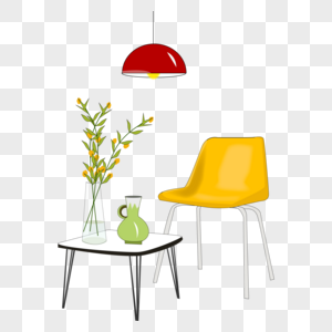 手绘家居黄色椅子茶几红色吊灯花瓶红色高清图片素材