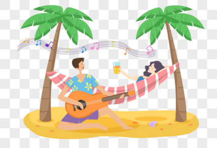 手绘卡通椰子树下的男人和女人小暑高清图片素材