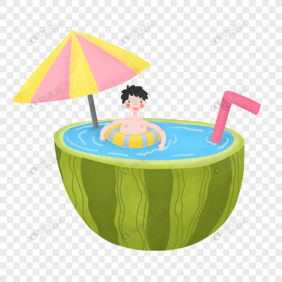 创意插画西瓜上游泳的男孩图片