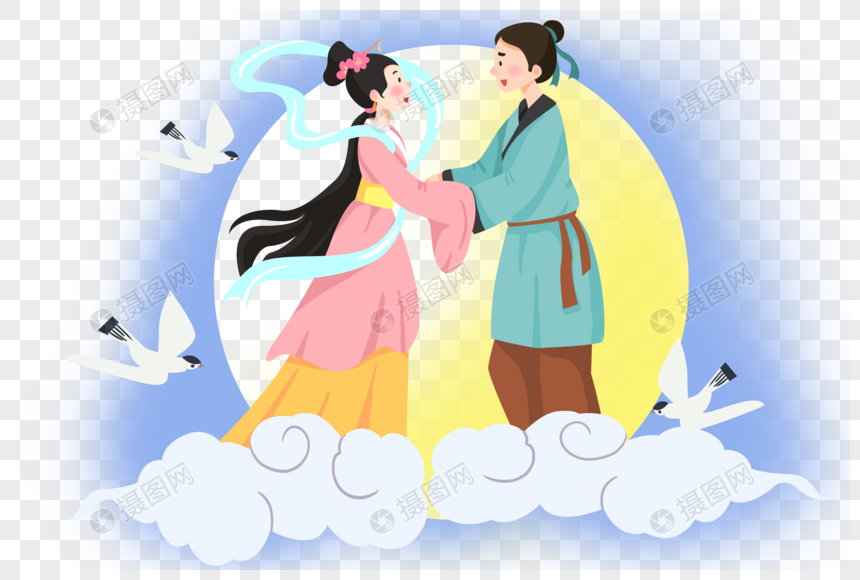手绘七夕相会的牛郎织女