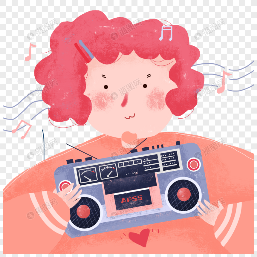 手绘捧录音机听音乐的女孩子