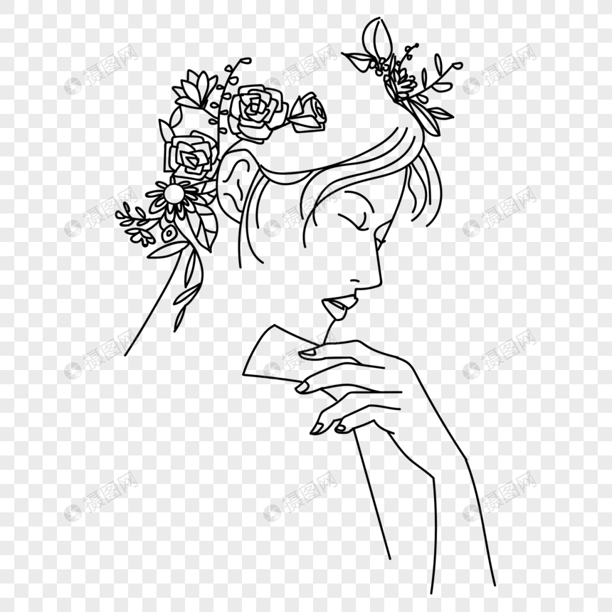 线描头戴鲜花的女人图片