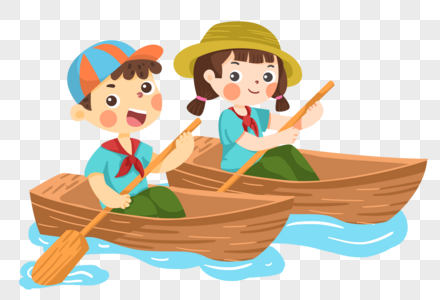手绘户外拓展夏令营的男孩女孩划船高清图片