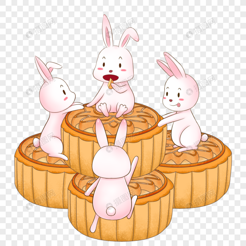 免抠元素 手绘/卡通元素 小兔子吃月饼.psd