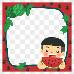 手绘夏天吃西瓜的小男孩装饰边框卡通高清图片素材