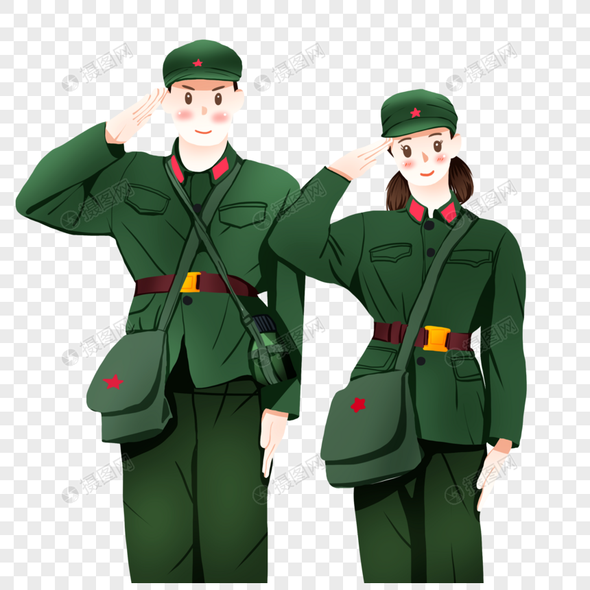免抠元素 手绘/卡通元素 建军节 绿色八路军军装敬礼.