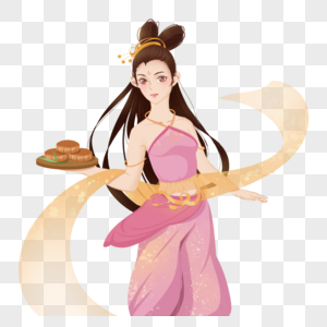 粉色黄色中秋节古代女孩古装美女手持月饼图片