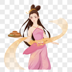 粉色黄色中秋节古代女孩古装美女手持月饼高清图片