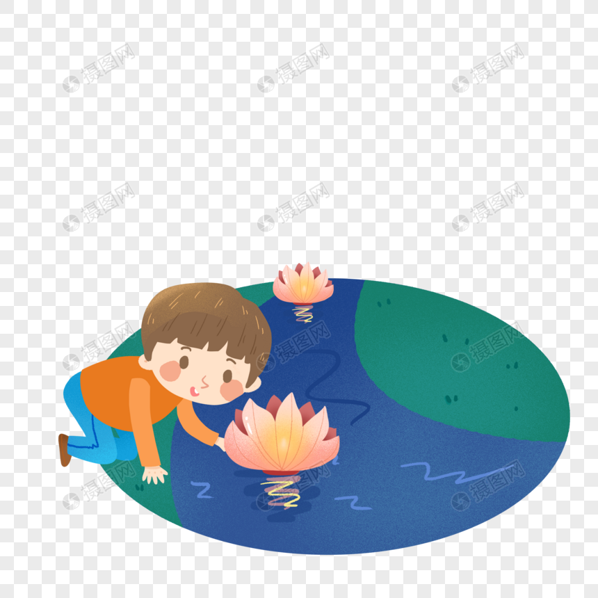 免抠元素 手绘/卡通元素 中元节放河灯的男孩.psd