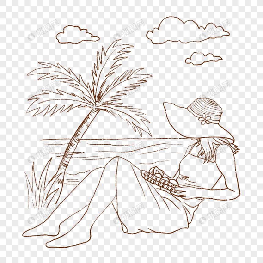 海边少女度假夏天手绘线描图片