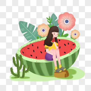 大暑天吃西瓜的女孩图片