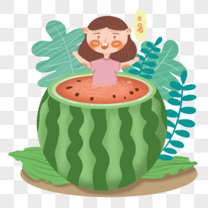 手绘泡澡哦手绘植物夏天西瓜浴的女孩素材