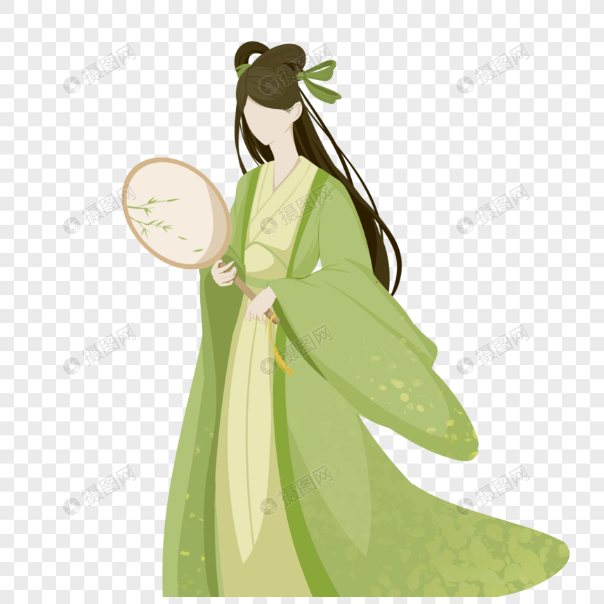 绿色黄色中秋节古代女孩古装美女手持扇子色块印象图片