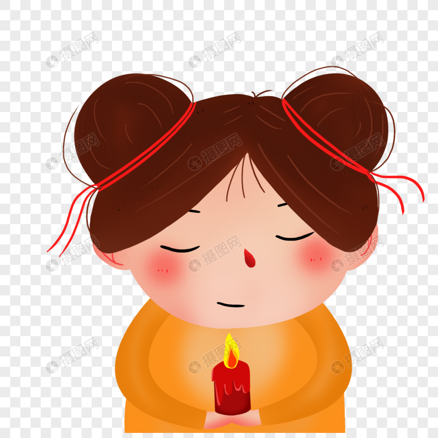 手拿蜡烛祈祷的小女孩