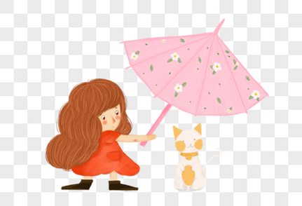 帮猫打伞的女孩小猫高清图片素材