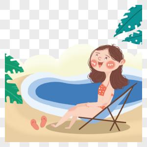 手绘在沙滩上沐浴的女孩图片