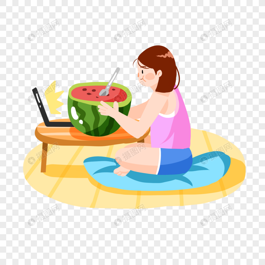 卡通女生在家吃西瓜