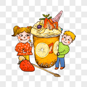 冷饮饮料雪糕酸奶柠檬草莓手绘插画人物卡通图片