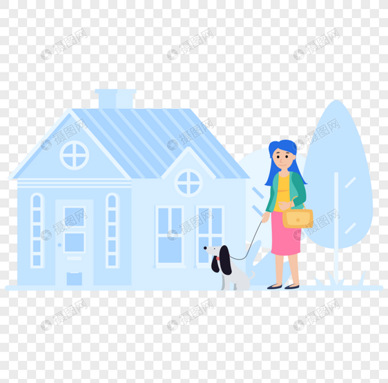 女人在家门前遛狗图片