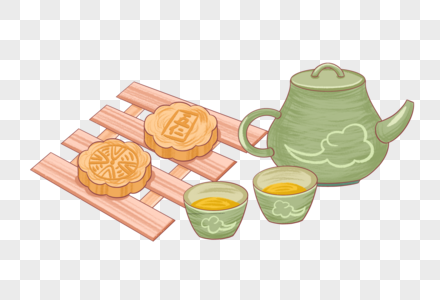 手绘月饼和茶水图片