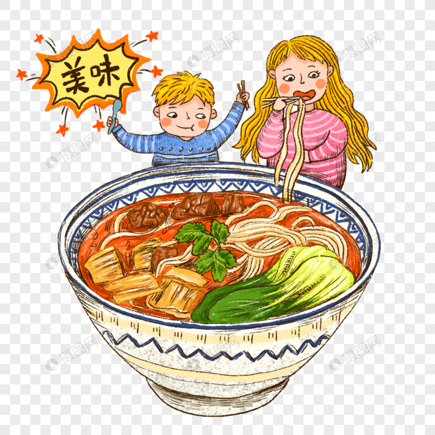 吃面牛肉面麻辣小面美食精美手绘卡通人物可爱插画
