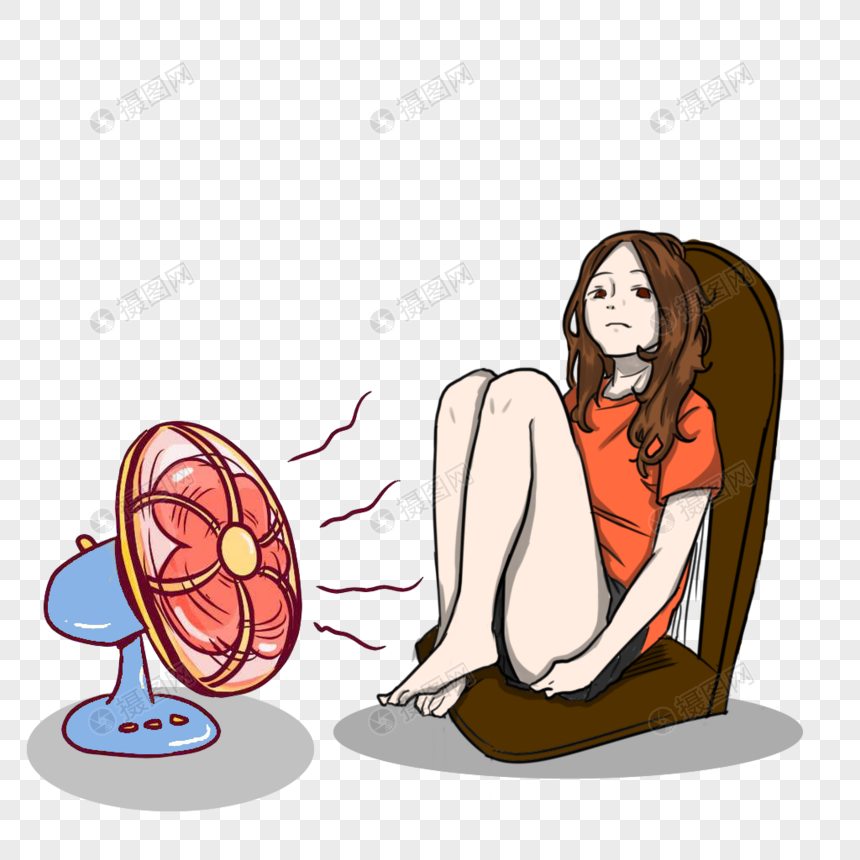 夏季坐在椅子上吹风扇的女孩